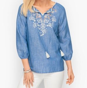 Talbots Linen Embroidered Split Neck Top Blue Chambray Boho Blouse‎ Large